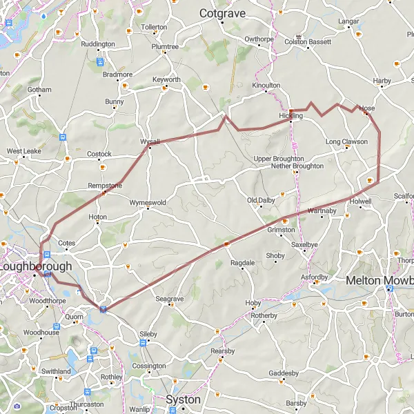 Map miniature of "Wysall to Barrow upon Soar Gravel Cycling Route" cycling inspiration in Leicestershire, Rutland and Northamptonshire, United Kingdom. Generated by Tarmacs.app cycling route planner