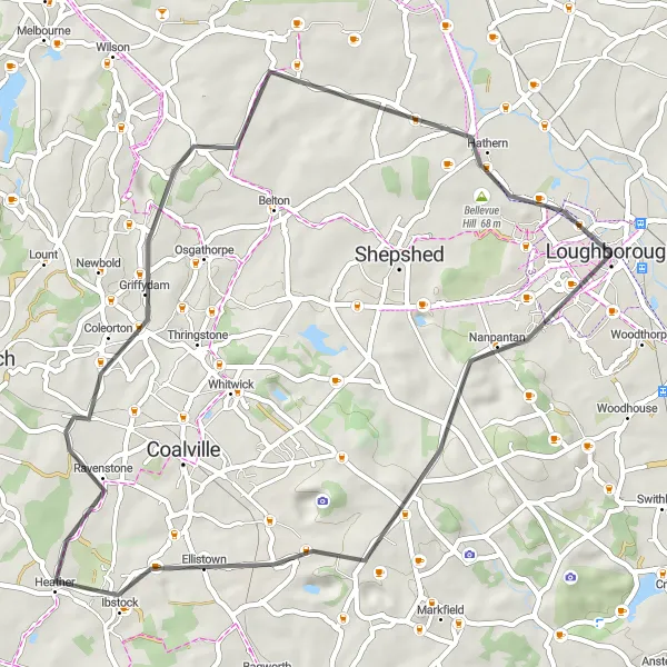 Map miniature of "Picturesque Countryside Ride near Loughborough" cycling inspiration in Leicestershire, Rutland and Northamptonshire, United Kingdom. Generated by Tarmacs.app cycling route planner