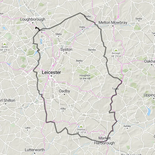 Map miniature of "Loughborough Scenic Road Cycling" cycling inspiration in Leicestershire, Rutland and Northamptonshire, United Kingdom. Generated by Tarmacs.app cycling route planner