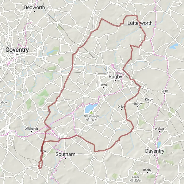 Map miniature of "The Lutterworth Loop" cycling inspiration in Leicestershire, Rutland and Northamptonshire, United Kingdom. Generated by Tarmacs.app cycling route planner