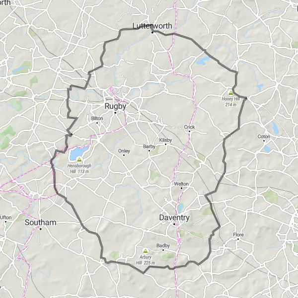 Map miniature of "Northamptonshire Discovery" cycling inspiration in Leicestershire, Rutland and Northamptonshire, United Kingdom. Generated by Tarmacs.app cycling route planner