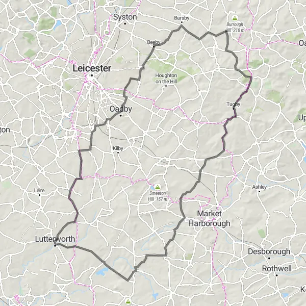 Map miniature of "Lutterworth to Gilmorton Loop" cycling inspiration in Leicestershire, Rutland and Northamptonshire, United Kingdom. Generated by Tarmacs.app cycling route planner