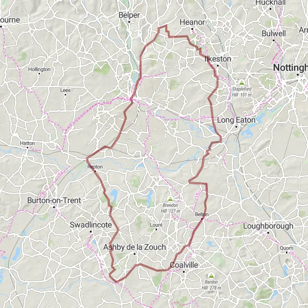Map miniature of "The Derbyshire Countryside Ride" cycling inspiration in Leicestershire, Rutland and Northamptonshire, United Kingdom. Generated by Tarmacs.app cycling route planner