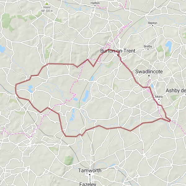 Map miniature of "The Gravel Trails of Measham" cycling inspiration in Leicestershire, Rutland and Northamptonshire, United Kingdom. Generated by Tarmacs.app cycling route planner