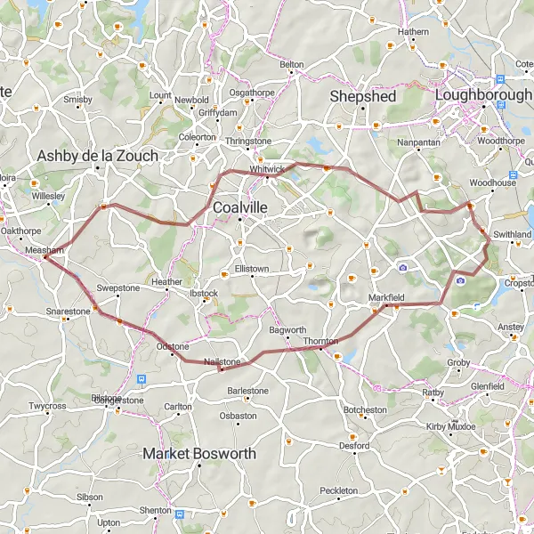 Map miniature of "The Gravel Adventure" cycling inspiration in Leicestershire, Rutland and Northamptonshire, United Kingdom. Generated by Tarmacs.app cycling route planner