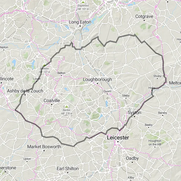 Map miniature of "The Leicestershire Ride" cycling inspiration in Leicestershire, Rutland and Northamptonshire, United Kingdom. Generated by Tarmacs.app cycling route planner