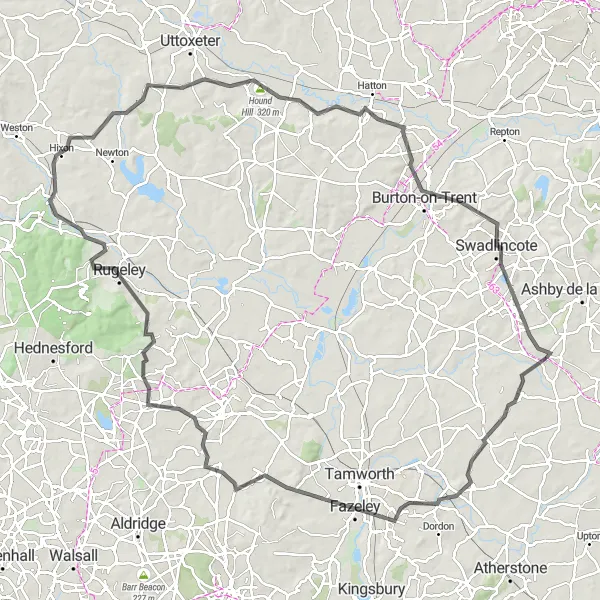 Map miniature of "The North Staffordshire Road Tour" cycling inspiration in Leicestershire, Rutland and Northamptonshire, United Kingdom. Generated by Tarmacs.app cycling route planner