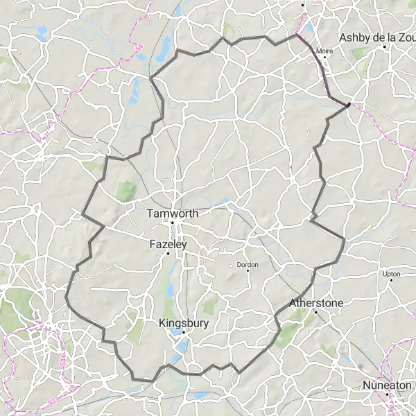 Map miniature of "The Linton Loop" cycling inspiration in Leicestershire, Rutland and Northamptonshire, United Kingdom. Generated by Tarmacs.app cycling route planner