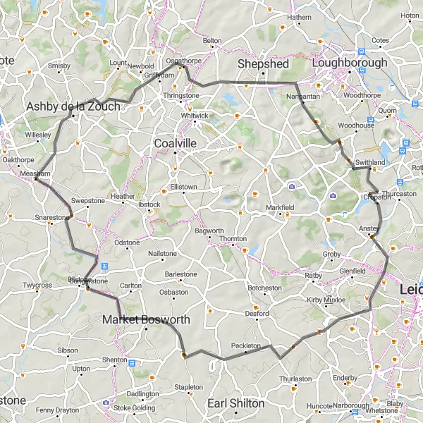 Map miniature of "The Market Bosworth Ride" cycling inspiration in Leicestershire, Rutland and Northamptonshire, United Kingdom. Generated by Tarmacs.app cycling route planner