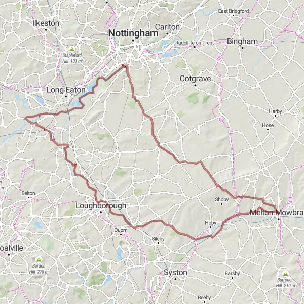 Map miniature of "Charming Leicestershire Gravel Adventure" cycling inspiration in Leicestershire, Rutland and Northamptonshire, United Kingdom. Generated by Tarmacs.app cycling route planner