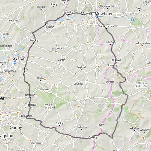 Map miniature of "Melton Mowbray to Frisby on the Wreake Road Loop" cycling inspiration in Leicestershire, Rutland and Northamptonshire, United Kingdom. Generated by Tarmacs.app cycling route planner