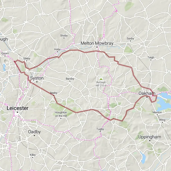 Map miniature of "Mountsorrel Gravel Adventure" cycling inspiration in Leicestershire, Rutland and Northamptonshire, United Kingdom. Generated by Tarmacs.app cycling route planner