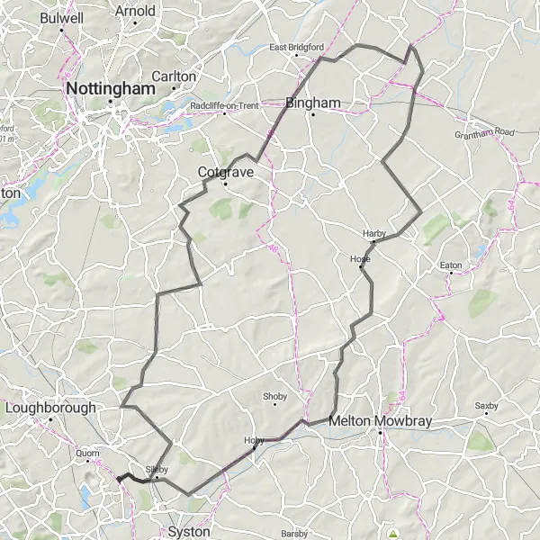 Map miniature of "Mountsorrel Long Road Route" cycling inspiration in Leicestershire, Rutland and Northamptonshire, United Kingdom. Generated by Tarmacs.app cycling route planner