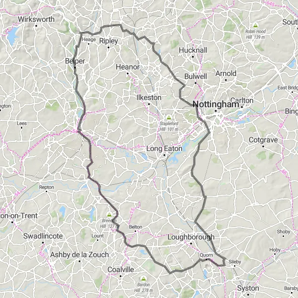 Map miniature of "Mountsorrel Challenging Road Route" cycling inspiration in Leicestershire, Rutland and Northamptonshire, United Kingdom. Generated by Tarmacs.app cycling route planner