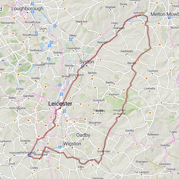 Map miniature of "Scenic Gravel Ride through Rutland" cycling inspiration in Leicestershire, Rutland and Northamptonshire, United Kingdom. Generated by Tarmacs.app cycling route planner