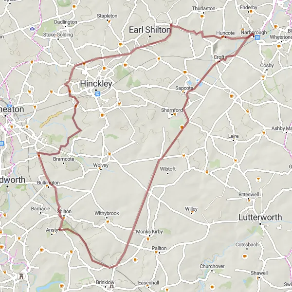 Map miniature of "The Sapcote Gravel Ride" cycling inspiration in Leicestershire, Rutland and Northamptonshire, United Kingdom. Generated by Tarmacs.app cycling route planner