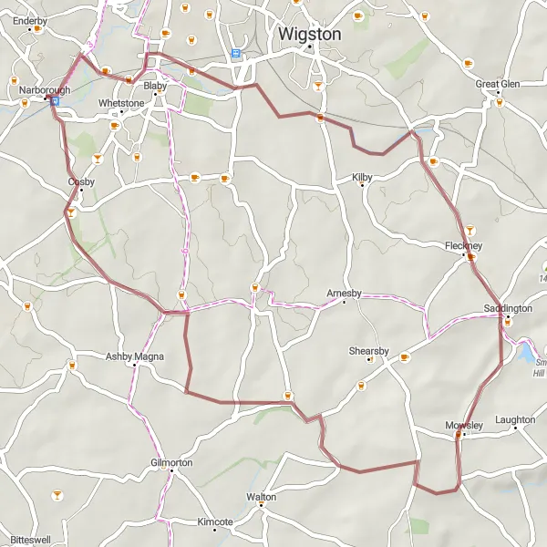 Map miniature of "Short and Scenic Gravel Adventure" cycling inspiration in Leicestershire, Rutland and Northamptonshire, United Kingdom. Generated by Tarmacs.app cycling route planner