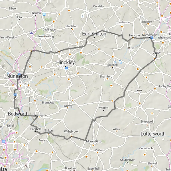 Map miniature of "Picturesque Countryside Ride" cycling inspiration in Leicestershire, Rutland and Northamptonshire, United Kingdom. Generated by Tarmacs.app cycling route planner