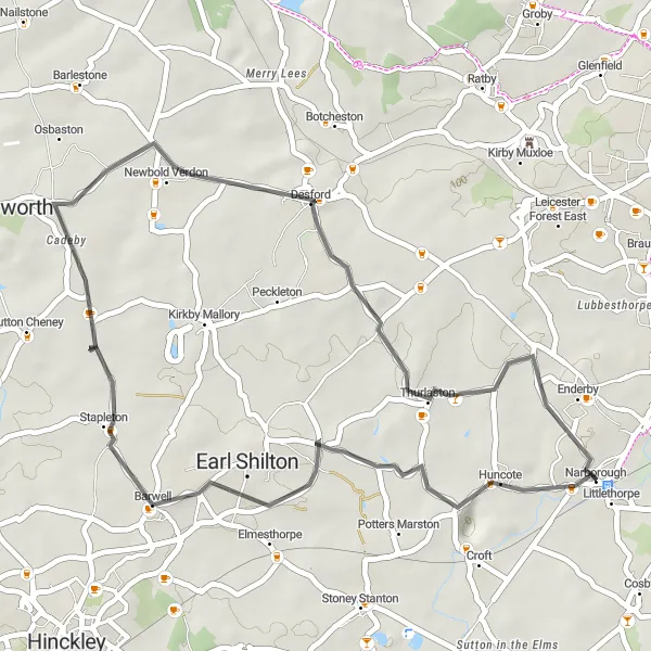 Map miniature of "The Hinckley Loop" cycling inspiration in Leicestershire, Rutland and Northamptonshire, United Kingdom. Generated by Tarmacs.app cycling route planner