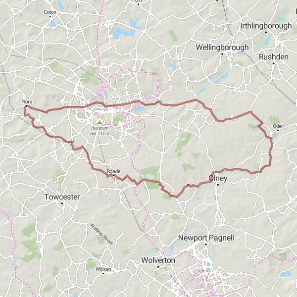 Map miniature of "Gravel Excursion around Northampton" cycling inspiration in Leicestershire, Rutland and Northamptonshire, United Kingdom. Generated by Tarmacs.app cycling route planner