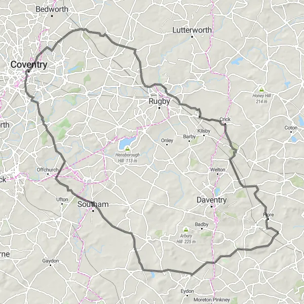 Map miniature of "The Upper Stowe Loop" cycling inspiration in Leicestershire, Rutland and Northamptonshire, United Kingdom. Generated by Tarmacs.app cycling route planner