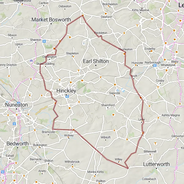 Map miniature of "The Heartlands Gravel Trail" cycling inspiration in Leicestershire, Rutland and Northamptonshire, United Kingdom. Generated by Tarmacs.app cycling route planner