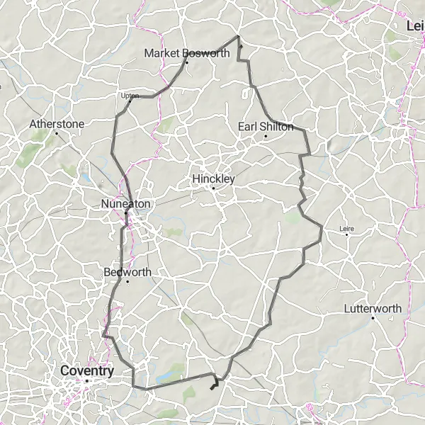 Map miniature of "Verdon’s Adventure" cycling inspiration in Leicestershire, Rutland and Northamptonshire, United Kingdom. Generated by Tarmacs.app cycling route planner