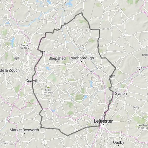 Map miniature of "The Scenic Road Trip" cycling inspiration in Leicestershire, Rutland and Northamptonshire, United Kingdom. Generated by Tarmacs.app cycling route planner