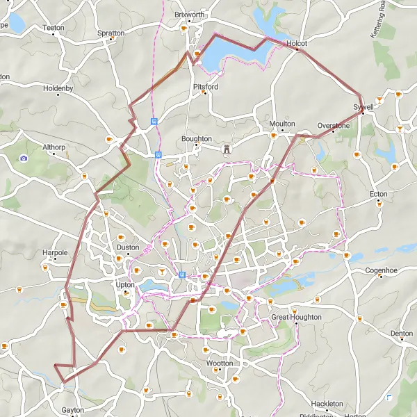 Map miniature of "Gravel Adventure: Abington Loop" cycling inspiration in Leicestershire, Rutland and Northamptonshire, United Kingdom. Generated by Tarmacs.app cycling route planner