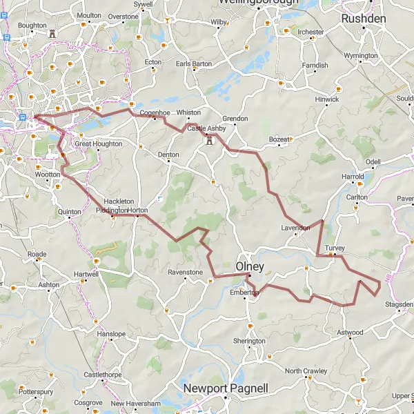 Map miniature of "Thrilling Gravel Adventure: Northamptonshire Escapade" cycling inspiration in Leicestershire, Rutland and Northamptonshire, United Kingdom. Generated by Tarmacs.app cycling route planner