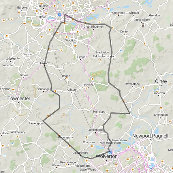 Map miniature of "Northamptonshire Countryside Tour" cycling inspiration in Leicestershire, Rutland and Northamptonshire, United Kingdom. Generated by Tarmacs.app cycling route planner