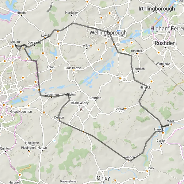 Map miniature of "Northampton Loop" cycling inspiration in Leicestershire, Rutland and Northamptonshire, United Kingdom. Generated by Tarmacs.app cycling route planner