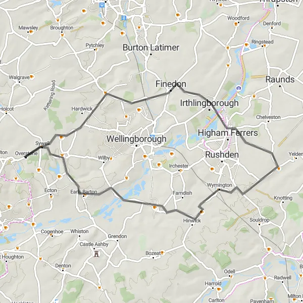 Map miniature of "Leicestershire, Rutland, and Northamptonshire Round" cycling inspiration in Leicestershire, Rutland and Northamptonshire, United Kingdom. Generated by Tarmacs.app cycling route planner