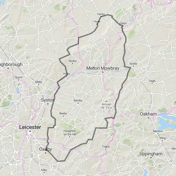 Map miniature of "The Rural Loop" cycling inspiration in Leicestershire, Rutland and Northamptonshire, United Kingdom. Generated by Tarmacs.app cycling route planner