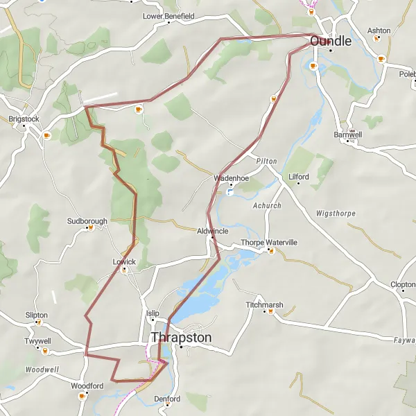 Map miniature of "Thrapston and Lyveden Gravel Loop" cycling inspiration in Leicestershire, Rutland and Northamptonshire, United Kingdom. Generated by Tarmacs.app cycling route planner