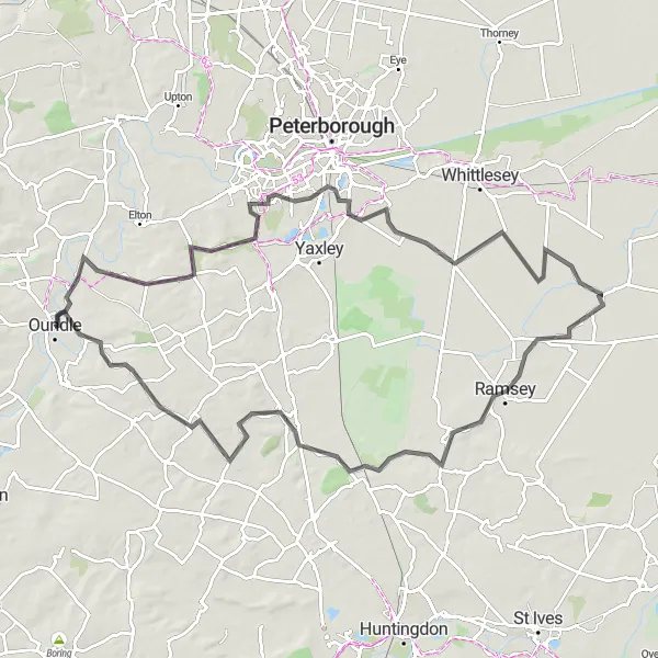 Map miniature of "Tansor and Woodwalton Ride" cycling inspiration in Leicestershire, Rutland and Northamptonshire, United Kingdom. Generated by Tarmacs.app cycling route planner