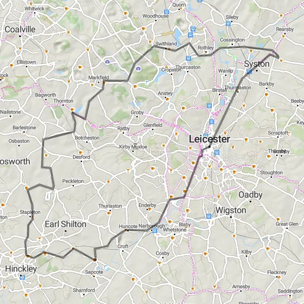 Map miniature of "Leicestershire Delight" cycling inspiration in Leicestershire, Rutland and Northamptonshire, United Kingdom. Generated by Tarmacs.app cycling route planner