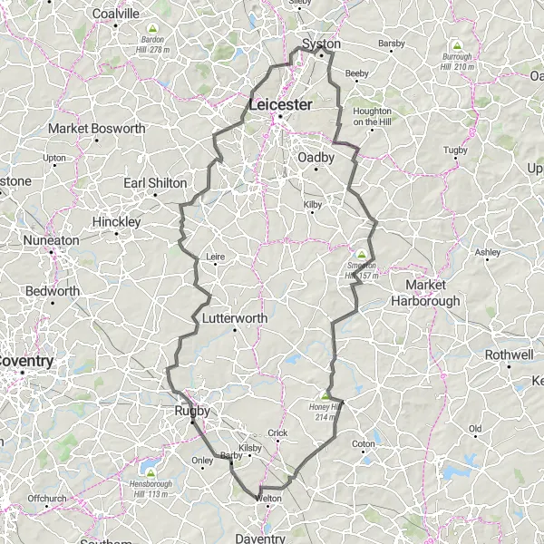 Map miniature of "The Leicestershire Rollercoaster" cycling inspiration in Leicestershire, Rutland and Northamptonshire, United Kingdom. Generated by Tarmacs.app cycling route planner