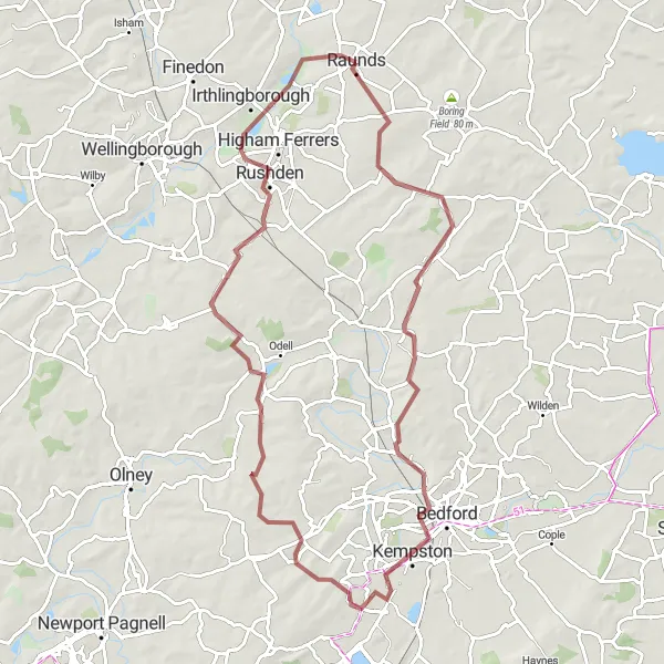 Map miniature of "The Raunds Gravel Adventure" cycling inspiration in Leicestershire, Rutland and Northamptonshire, United Kingdom. Generated by Tarmacs.app cycling route planner