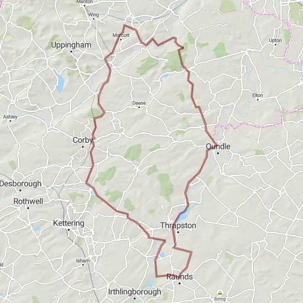 Map miniature of "Gravel Route 2" cycling inspiration in Leicestershire, Rutland and Northamptonshire, United Kingdom. Generated by Tarmacs.app cycling route planner