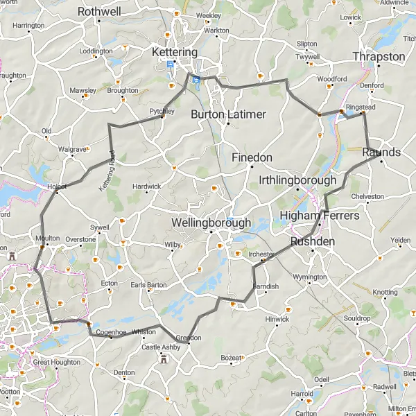 Map miniature of "Road Route 1" cycling inspiration in Leicestershire, Rutland and Northamptonshire, United Kingdom. Generated by Tarmacs.app cycling route planner