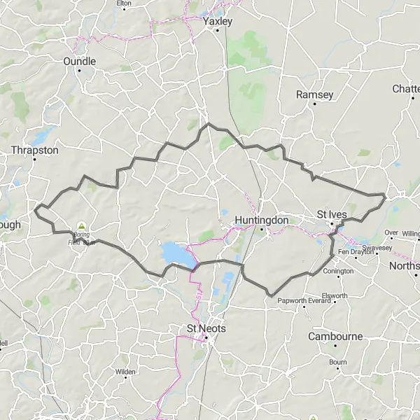 Map miniature of "Road Route 3" cycling inspiration in Leicestershire, Rutland and Northamptonshire, United Kingdom. Generated by Tarmacs.app cycling route planner