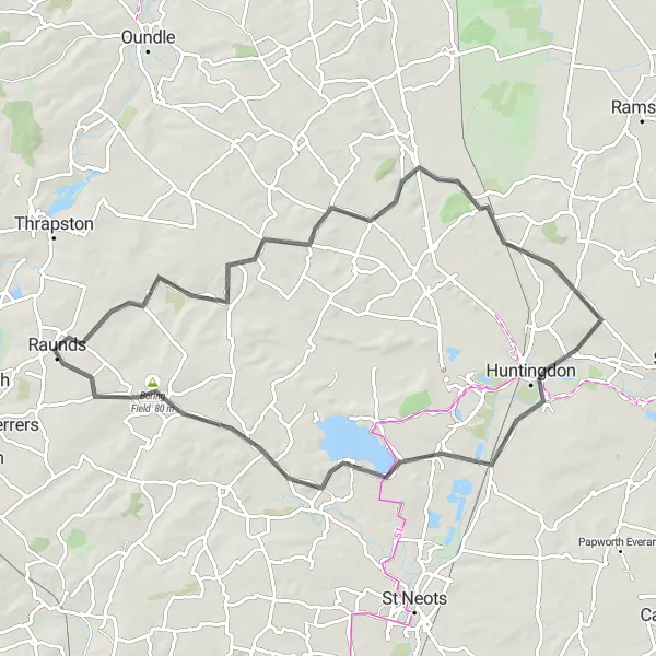 Map miniature of "The Tranquil Road Escape" cycling inspiration in Leicestershire, Rutland and Northamptonshire, United Kingdom. Generated by Tarmacs.app cycling route planner