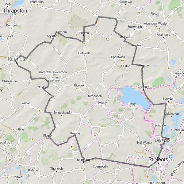 Map miniature of "Road Route 2" cycling inspiration in Leicestershire, Rutland and Northamptonshire, United Kingdom. Generated by Tarmacs.app cycling route planner