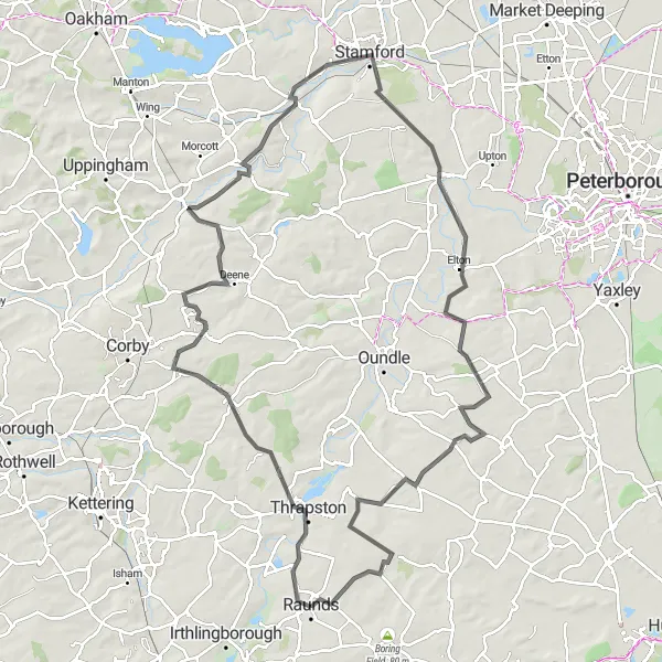 Map miniature of "The Road Warrior's Delight" cycling inspiration in Leicestershire, Rutland and Northamptonshire, United Kingdom. Generated by Tarmacs.app cycling route planner