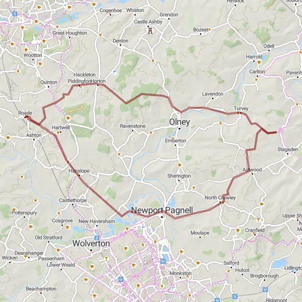 Map miniature of "The Gravel Escape" cycling inspiration in Leicestershire, Rutland and Northamptonshire, United Kingdom. Generated by Tarmacs.app cycling route planner