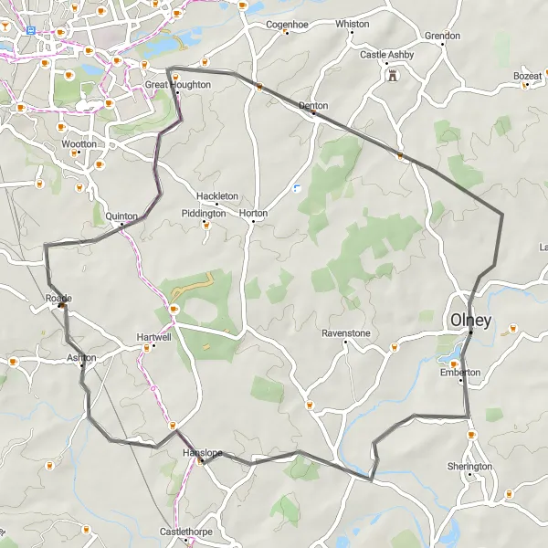 Map miniature of "Roade and Brafield-on-the-Green Road Cycling Route" cycling inspiration in Leicestershire, Rutland and Northamptonshire, United Kingdom. Generated by Tarmacs.app cycling route planner