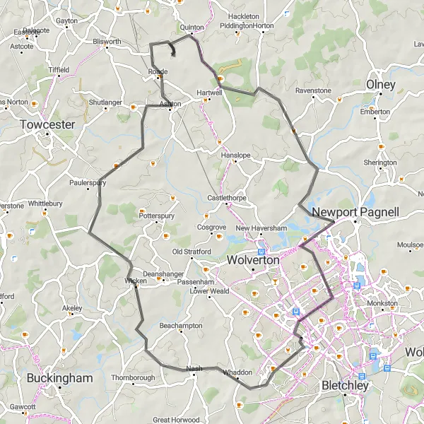 Map miniature of "Stoke Goldington and Milton Keynes Road Cycling Route" cycling inspiration in Leicestershire, Rutland and Northamptonshire, United Kingdom. Generated by Tarmacs.app cycling route planner