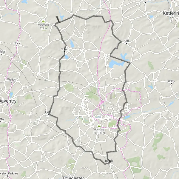 Map miniature of "The Leicestershire Round" cycling inspiration in Leicestershire, Rutland and Northamptonshire, United Kingdom. Generated by Tarmacs.app cycling route planner