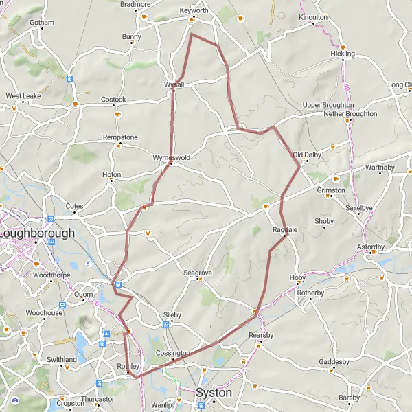 Map miniature of "Wolds Way" cycling inspiration in Leicestershire, Rutland and Northamptonshire, United Kingdom. Generated by Tarmacs.app cycling route planner